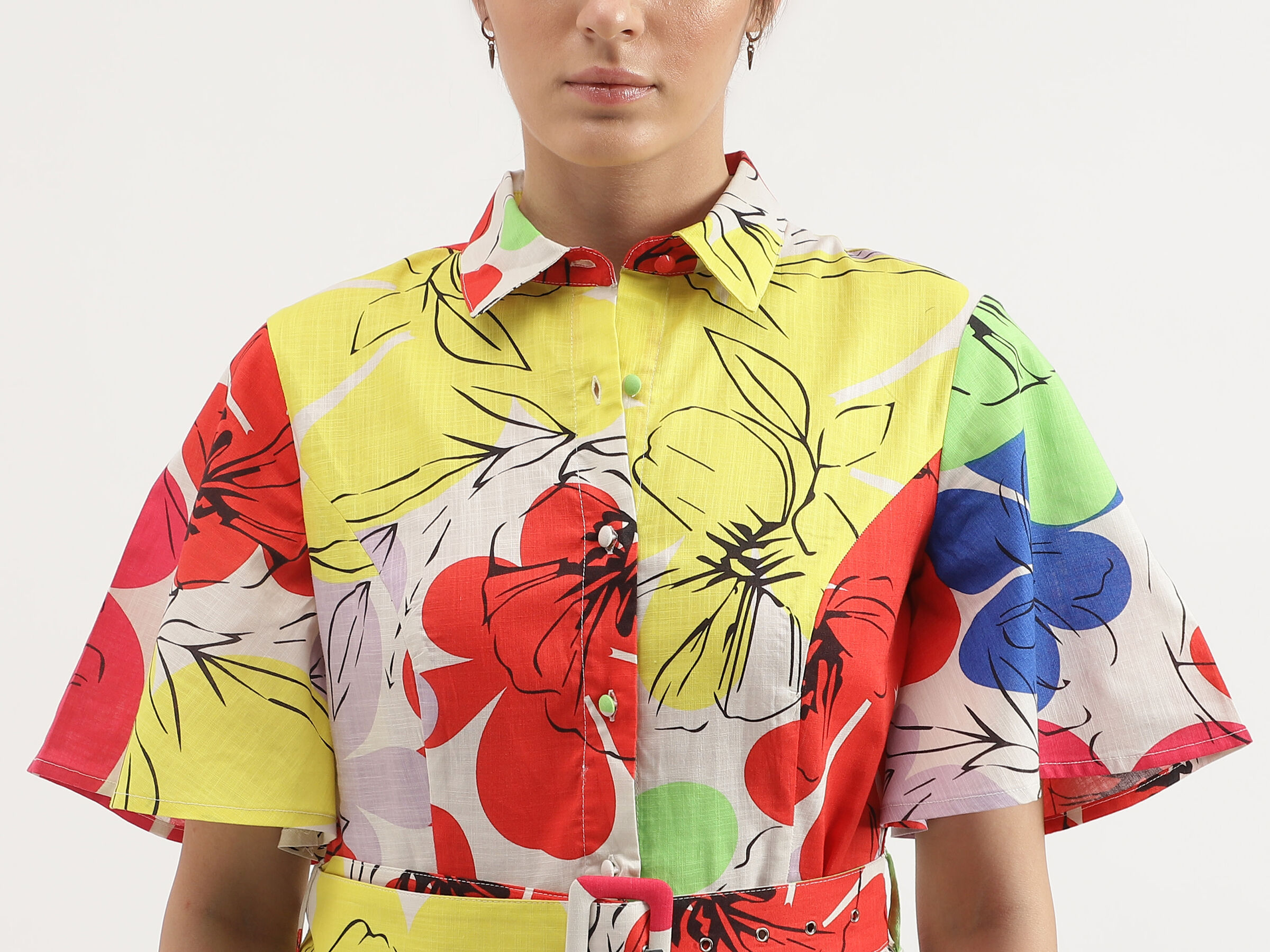 S/S PRINTED SHORT FLARE DRESS WITH BELT image number 5